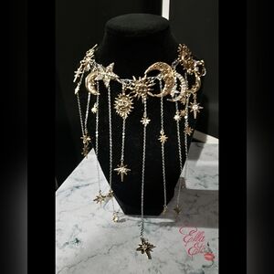 Cosmic Empress Moon Sun Star Fringe Necklace | Mixed Metal Statement Choker